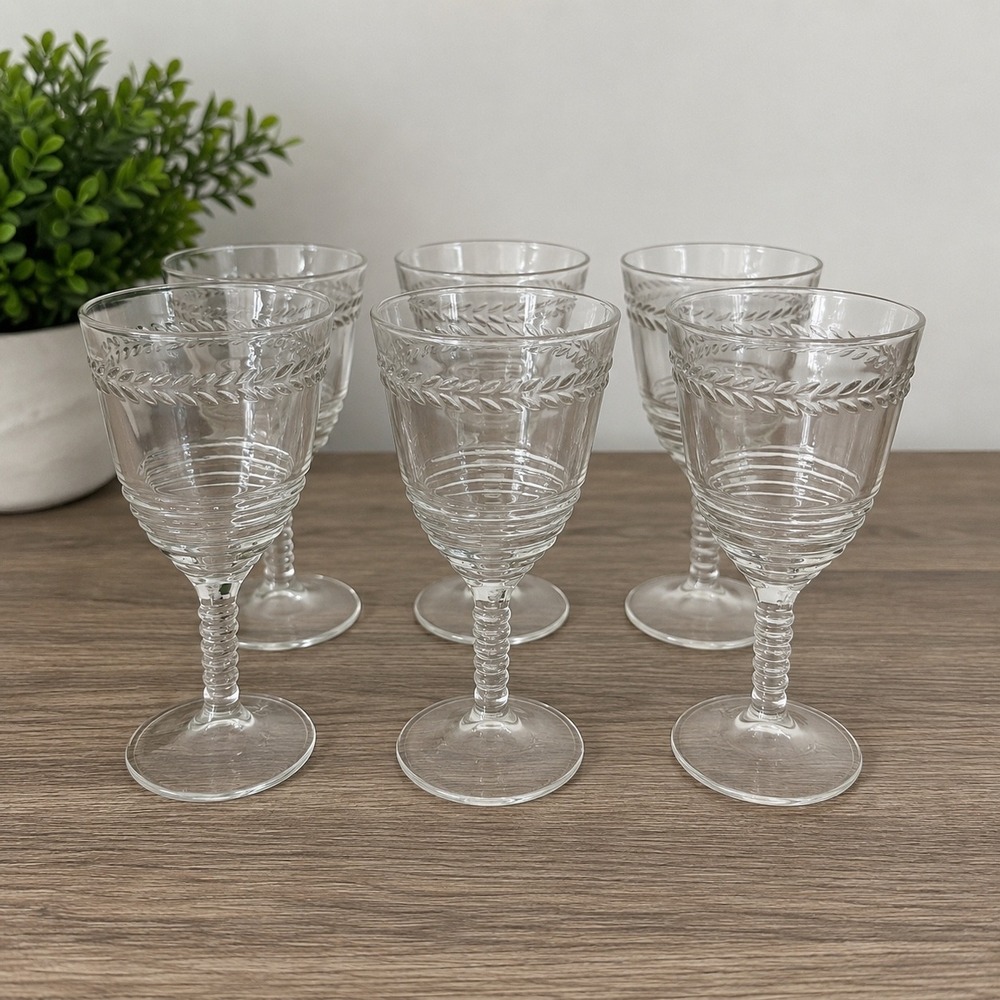 Antique Federal Glass Laurel Leaf Wreath Wine Goblet Ribbed Stem Set of 6 1930's